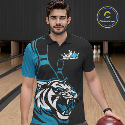 Custom Black And Cool Blue Tiger Bowling Jerseys, Tiger Bowling Team Men Polo Shirts IPHW9016