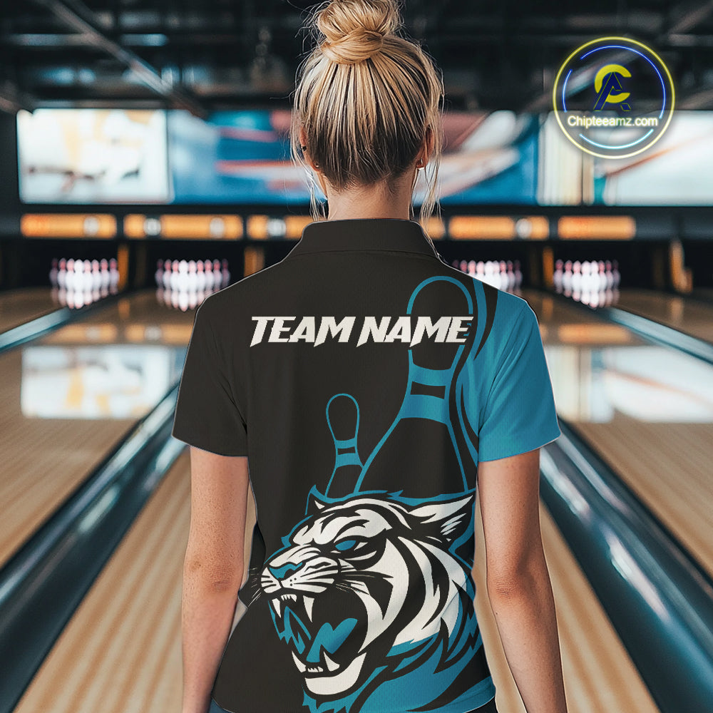 Custom Black And Cool Blue Tiger Bowling Jerseys, Tiger Bowling Team Women Polo Shirts IPHW9016