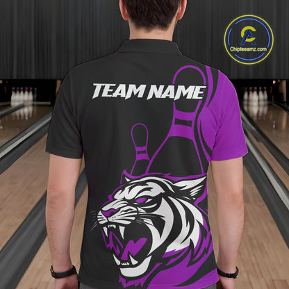 Custom Black And Purple Tiger Bowling Jerseys, Tiger Bowling Team Men Polo Shirts IPHW9017