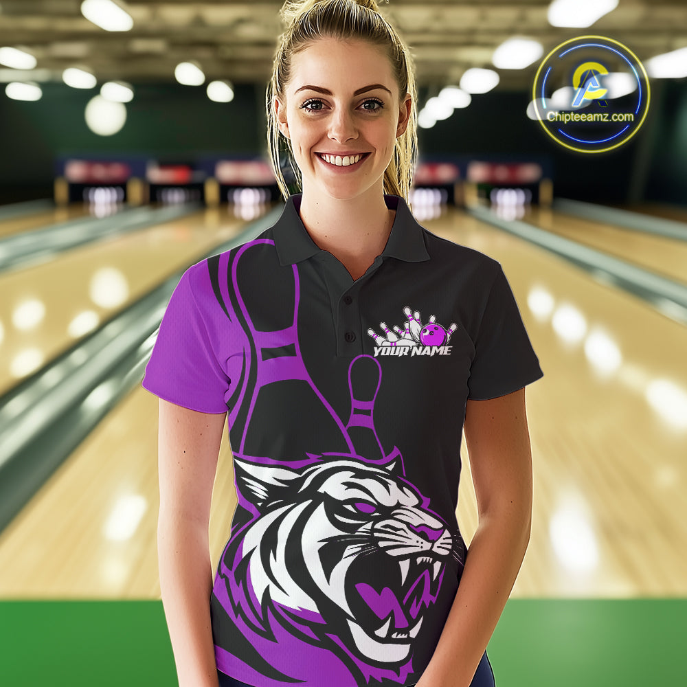 Custom Black And Purple Tiger Bowling Jerseys, Tiger Bowling Team Women Polo Shirts IPHW9017