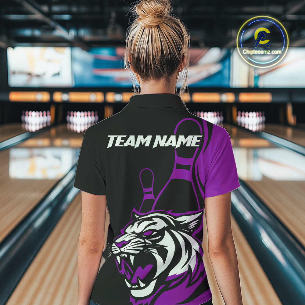 Custom Black And Purple Tiger Bowling Jerseys, Tiger Bowling Team Women Polo Shirts IPHW9017