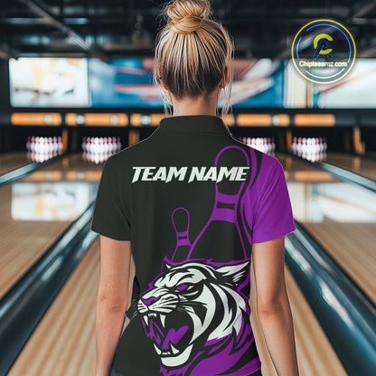 Custom Black And Purple Tiger Bowling Jerseys, Tiger Bowling Team Women Polo Shirts IPHW9017
