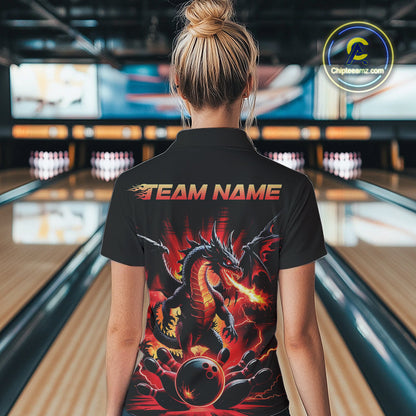 Custom Red Thunder Lightning Dragon Women Polo Shirts, Dragon Team Bowling League Shirt IPHW9024