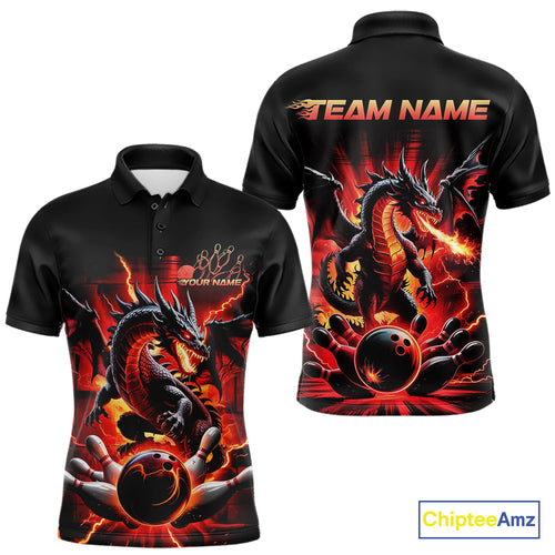 Custom Red Thunder Lightning Dragon Men Polo Shirts, Dragon Team Bowling League Shirt IPHW9024