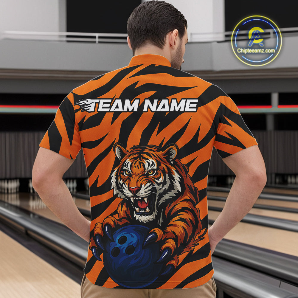 Custom Tiger Bowling Team Quarter-Zip Shirts For Men, Tiger Bowling Team Uniform Bowler Outfit IPHW9025