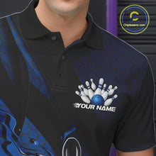 Load image into Gallery viewer, Custom Black And Blue Flame Bowling Polo Shirt For Men, Bowling Team Tournament Jersey IPHW11181