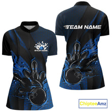 Load image into Gallery viewer, Custom Black And Blue Flame Bowling Quarter-Zip Shirt For Women, Bowling Team Jersey IPHW11181