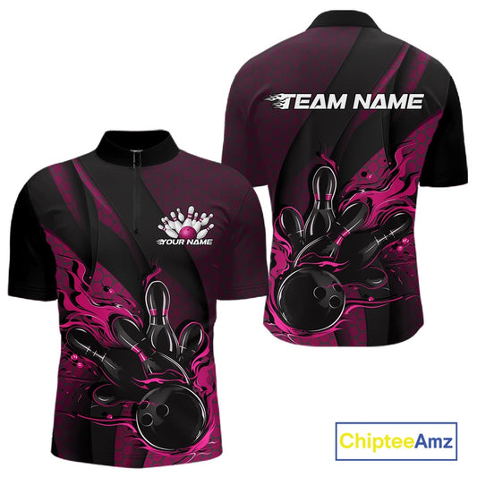 Front and back mockup of a black and pink men’s bowling quarter-zip shirt showcasing a flaming bowling ball striking pins with hexagon patterns and diagonal stripes.