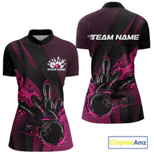 Load image into Gallery viewer, Custom Black And Pink Flame Bowling Quarter-Zip Shirt For Women, Bowling Team Jersey IPHW11183