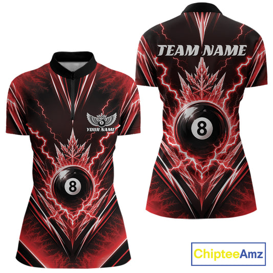 Custom Red Icy Lightning 8 Ball Billiards Women Quarter-Zip Shirt, Pool League Shirt IPHW11765