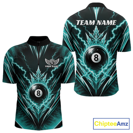 Custom Turquoise Blue Icy Lightning 8 Ball Billiards Men Quarter Zip Shirt, Pool League Shirt IPHW11766