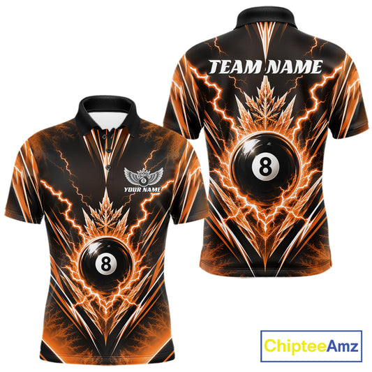 Custom Orange Icy Thunder Lightning 8 Ball Billiards Men Polo Shirt, Pool League Shirt IPHW11767