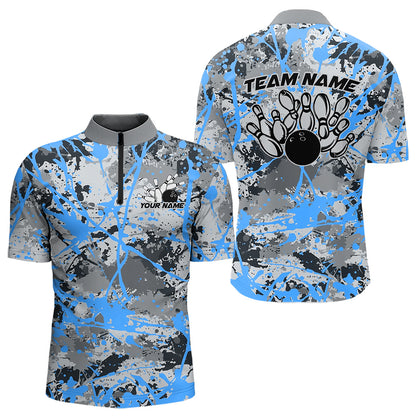 Custom Blue Splatter Bowling Team Quarter-Zip Shirts For Men, Bowling Tournament Shirts IPHW8311