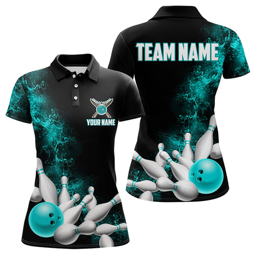 Custom Name Strike Bowling Team Polo Shirts For Women, Bowlers Outfit | Ball Blue IPHW6013