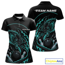 Load image into Gallery viewer, Front and back views of a blue custom women's bowling polo shirt featuring an aggressive dragon with flames in a dynamic and energetic design.