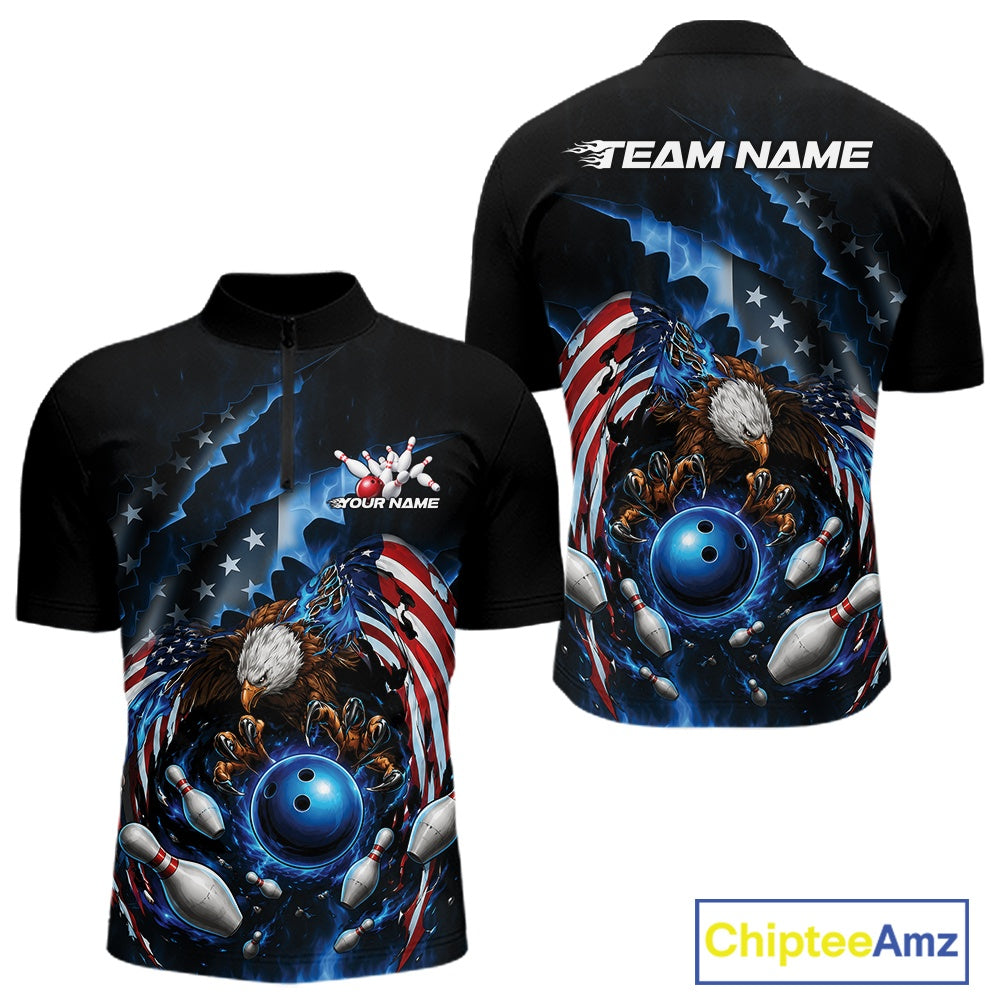 Front and back men’s bowling quarter zip shirt mockup featuring a bald eagle, blue bowling ball, flying pins, and American flag artwork.