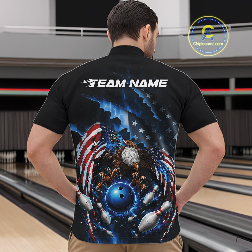 Front view of a male model in a bowling lane wearing a quarter zip shirt with bald eagle artwork, blue bowling ball, flying pins, and American flag background.