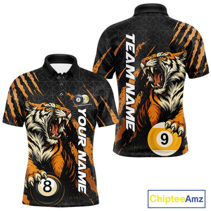 Front and back men’s Billiard polo shirt mockup featuring a roaring tiger emerging through orange claw marks while gripping billiard balls.