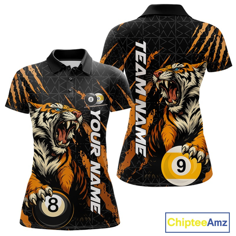 Front and back women’s polo shirt mockup featuring a roaring tiger emerging through orange claw marks while gripping billiard balls.