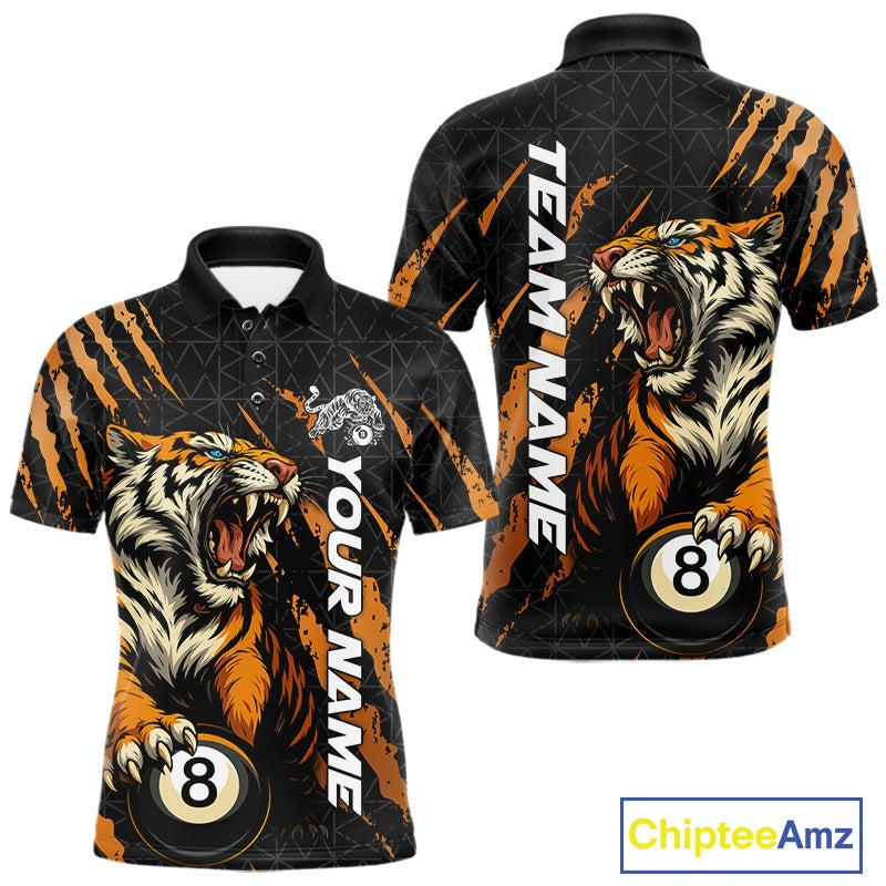 Men’s Billiard polo shirt mockup shown front and back with roaring tiger graphics, orange claw marks, and billiard balls.