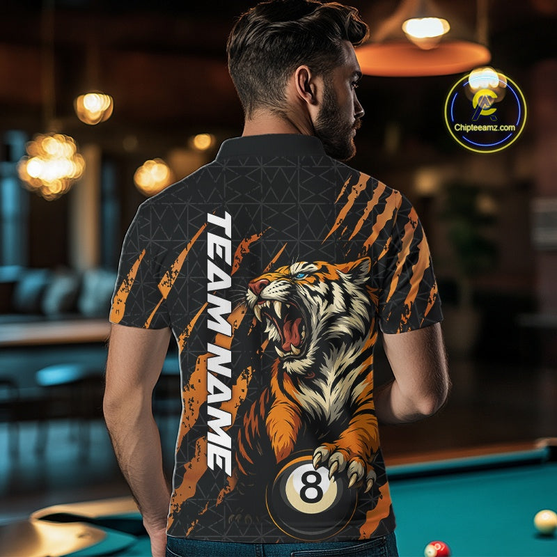 Male model back view wearing a Billiard polo shirt with roaring tiger artwork, billiard balls, and orange claw accents.