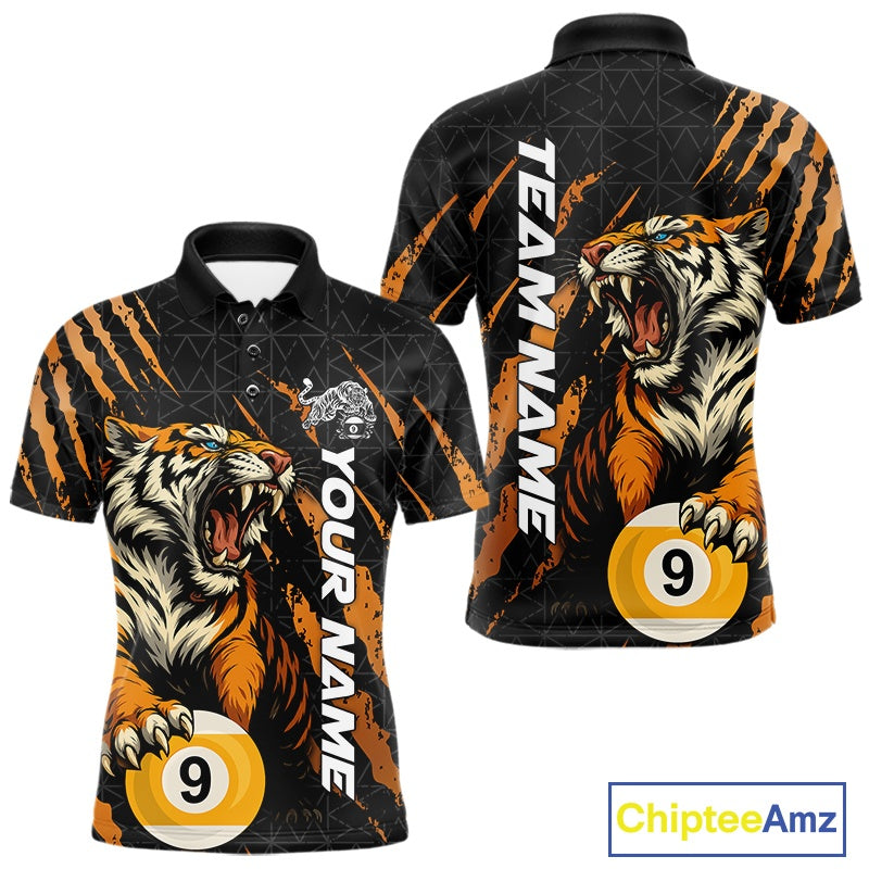 Front and back Billiard men’s polo shirt mockup featuring a roaring tiger gripping billiard balls through orange claw mark artwork.