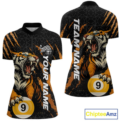 Front and back women’s quarter zip Billiard mockup with a roaring tiger motif, billiard balls, and orange claw mark accents.