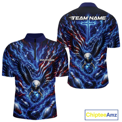 Front and back men’s bowling quarter zip shirt mockup featuring an eagle surrounding a bowling ball with flowing flag elements and pins.