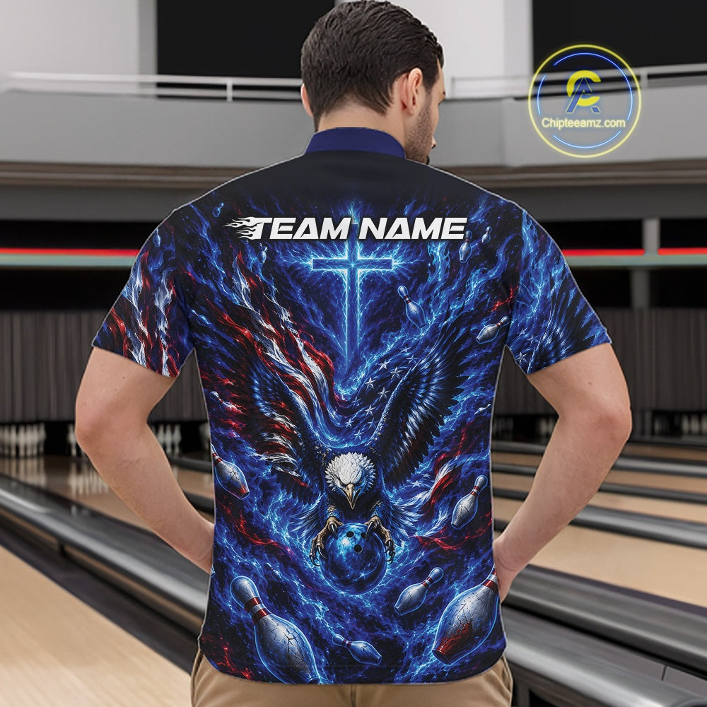 Front view of a male model at a bowling lane wearing a quarter zip shirt with eagle artwork around a bowling ball, flag elements, and pins.