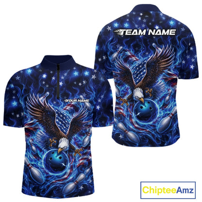 Front and back men’s bowling quarter zip shirt mockup with an eagle reaching toward a bowling ball, framed by flag elements, pins, and blue flames.