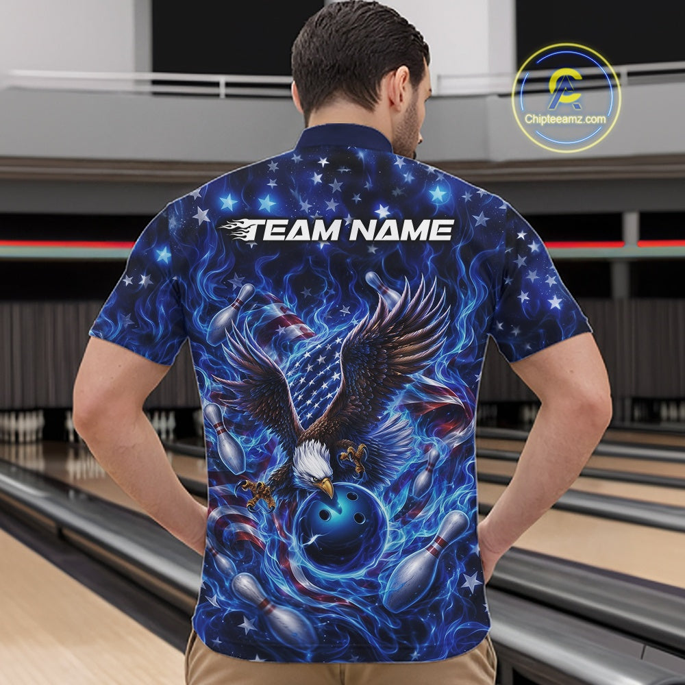 Male model front view at the bowling lane wearing a bowling quarter zip shirt with an eagle reaching toward a bowling ball and blue flames.