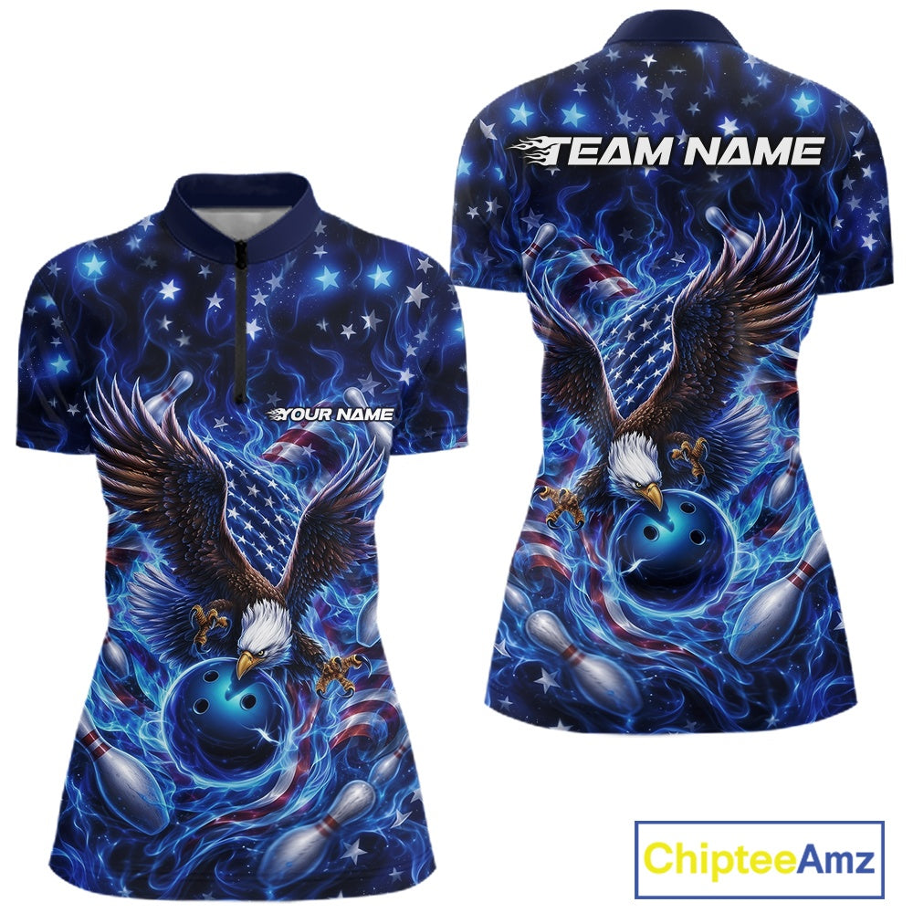 Front and back women’s bowling quarter zip mockup with an eagle reaching toward a bowling ball, framed by flag elements, pins, and blue flames.