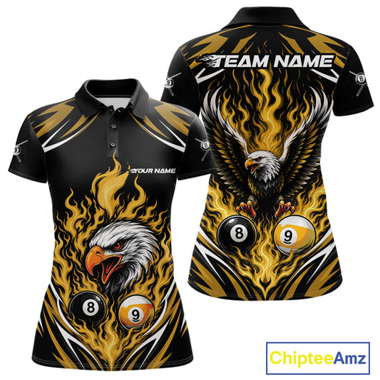 Custom Yellow Flame Eagle 8 Ball And 9 Ball Billiards Jersey Polo Shirt For Women IPHW11776