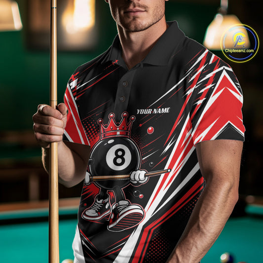 Custom Funny 8 Ball Wearing Crown Billiards King Men Polo Shirt, Red Pool Team Jerseys IPHW11791