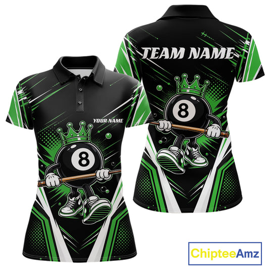 Custom Funny 8 Ball Wearing Crown Billiards Queen Women Polo Shirt, Green Pool Team Jerseys IPHW11793