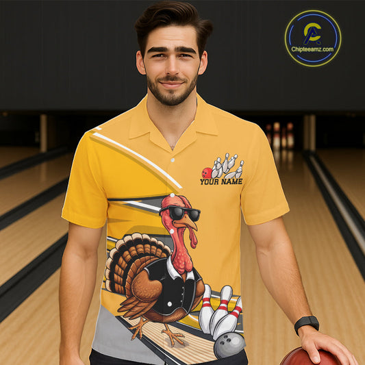 Custom Yellow Funny Turkey Bowling Team Shirts For Men And Women, Thanksgiving Bowler Outfits IPHW7885