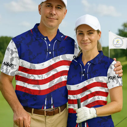 USA flag camo golf outfits funny skull matching men and womens golf shirts custom patriotic golf tops NQS11400