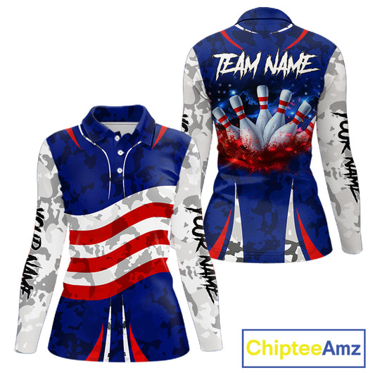 Camo American flag bowling jersey custom Women bowling polo, 1/4 zip shirts, bowling league shirts NQS11401