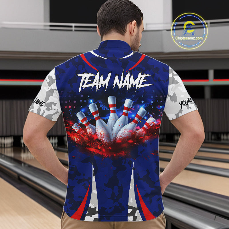 Camo American flag bowling jersey custom bowling polo, 1/4 zip shirts for men, bowling league shirts NQS11401