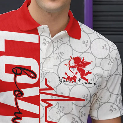 White And Red Custom Love Bowling Polo Shirts For Men, Valentines Couple Bowling Jerseys IPHW8324