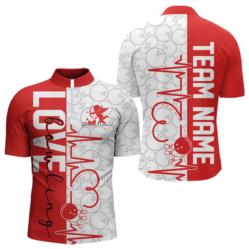 White And Red Custom Love Bowling Quarter-Zip Shirts For Men, Valentines Couple Bowling Jerseys IPHW8324