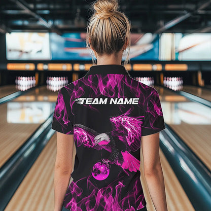 Custom Black And Pink Flame Eagle Bowling Team Women Polo Shirt, Eagle Bowling League Shirt IPHW8800