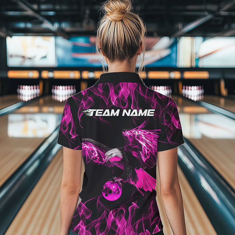 Custom Black And Pink Flame Eagle Bowling Women Quarter-Zip Shirts, Bowling League Shirt IPHW8800