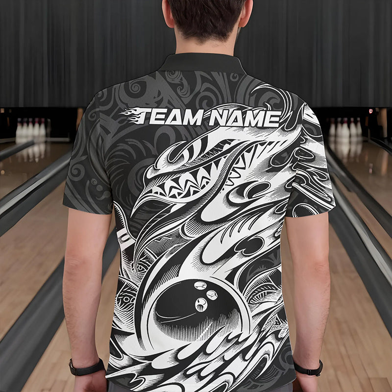 Custom Black And White Tribal Polynesian Bowling Team Men Polo Shirts, Niho Mano Bowling Shirt IPHW8812