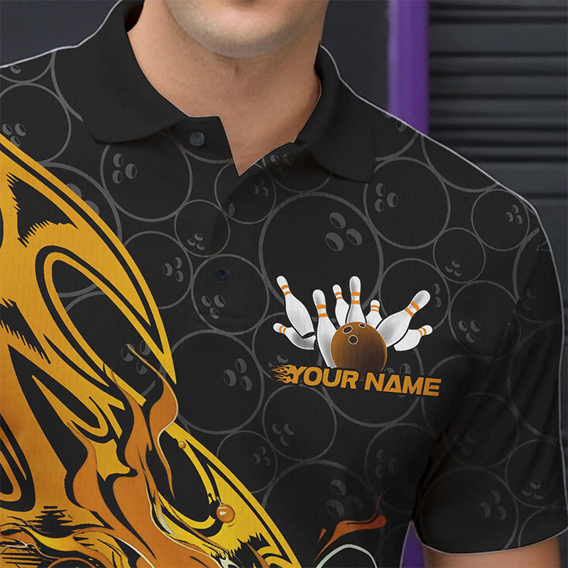 Custom Black And Yellow Tribal Flame Bowling Team Men Polo Shirts, Bowling Pattern Outfits IPHW8815