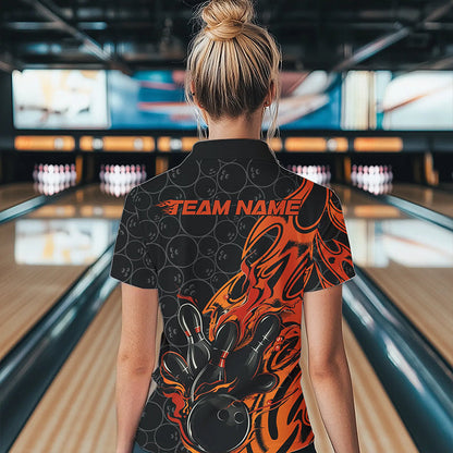 Custom Black And Orange Tribal Flame Bowling Team Women Polo Shirt, Bowling Pattern Outfits IPHW8816