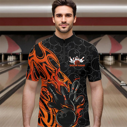 Custom Black And Orange Tribal Flame Bowling Team Men Quarter-Zip Shirts, Bowling Pattern Outfits IPHW8816