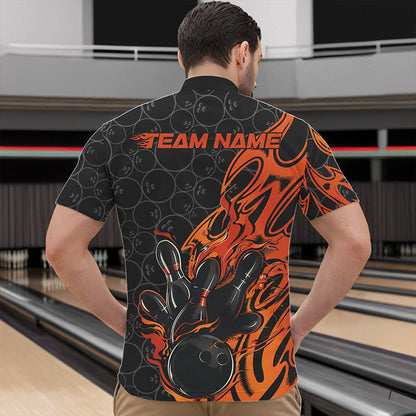 Custom Black And Orange Tribal Flame Bowling Team Men Quarter-Zip Shirts, Bowling Pattern Outfits IPHW8816