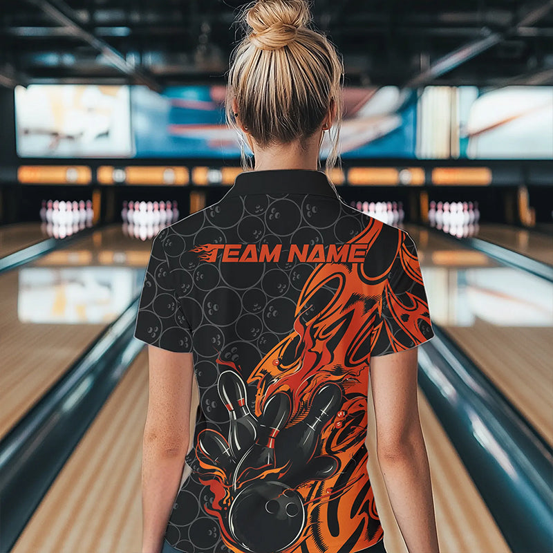 Custom Black And Orange Tribal Flame Bowling Team Women Quarter-Zip Shirts, Bowlers Outfits IPHW8816
