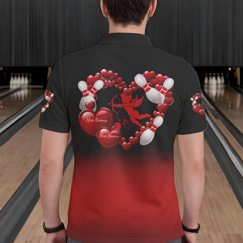 Black And Red Custom Valentines Day Bowling Polo Shirts For Men, Bowling Couple Shirt IPHW8334